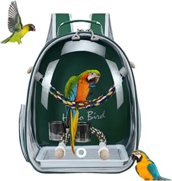 Bird Traval Carrier Cage, Multi Vent Holes Clear Space Capsule Astronaut Backpack to Carry Parakeet Cockatiel Parrot with Metal Tray Wood Perch, Vet Transport Book Bag Green Green