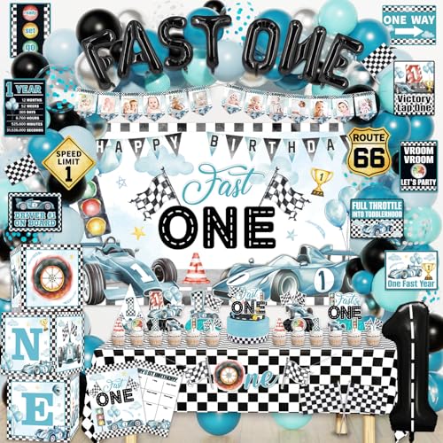 Mpanwen Fast One Birthday Decorations for Boys 143Pcs Race Car Racing 1st Party Decor Supplies for Baby - Banner Cake Toppers Balloons Tablecloth Centerpieces Crown Poster Boxes Wall Signs