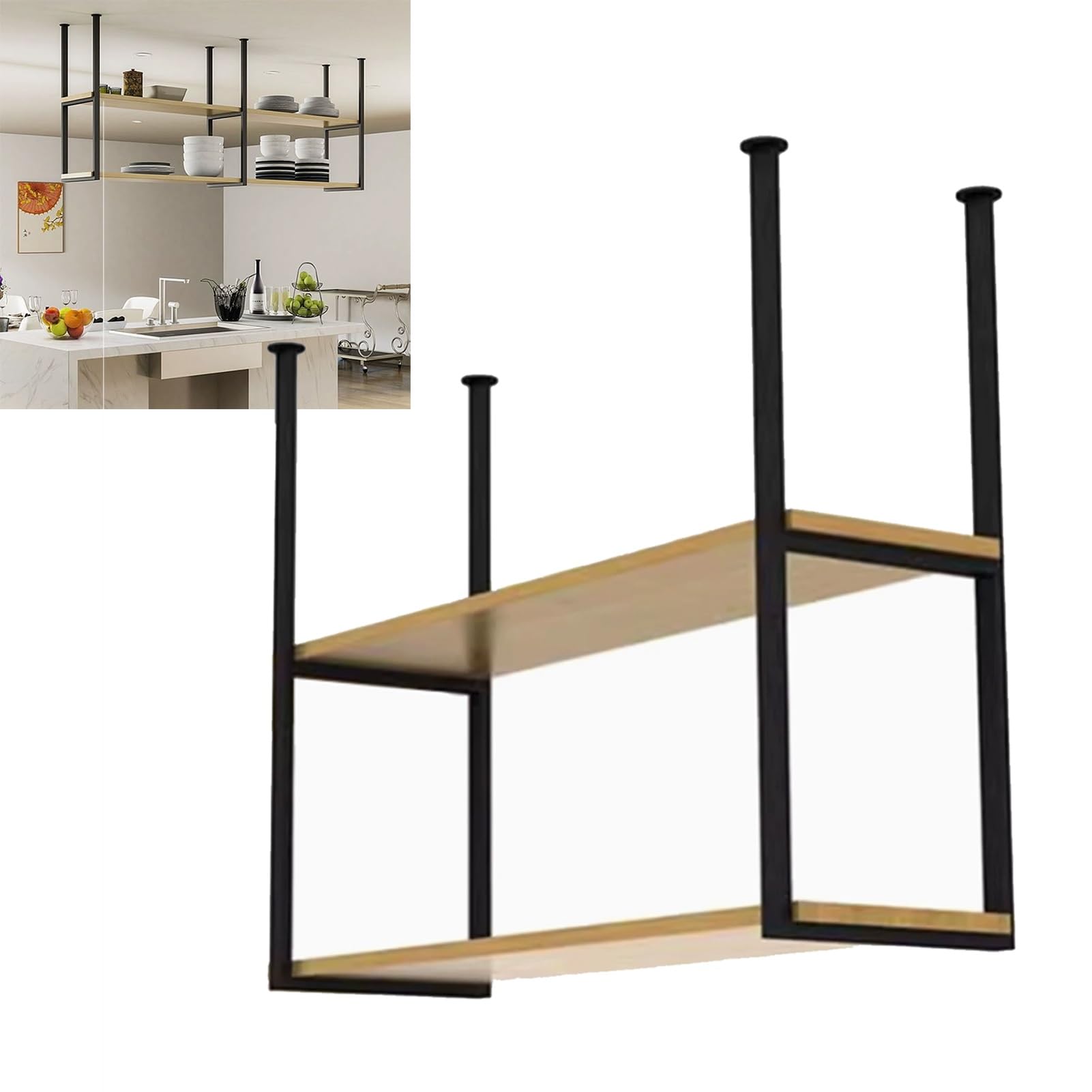 Étagère à casseroles à 2 niveaux en bois et métal 130 cm pour cuisine
