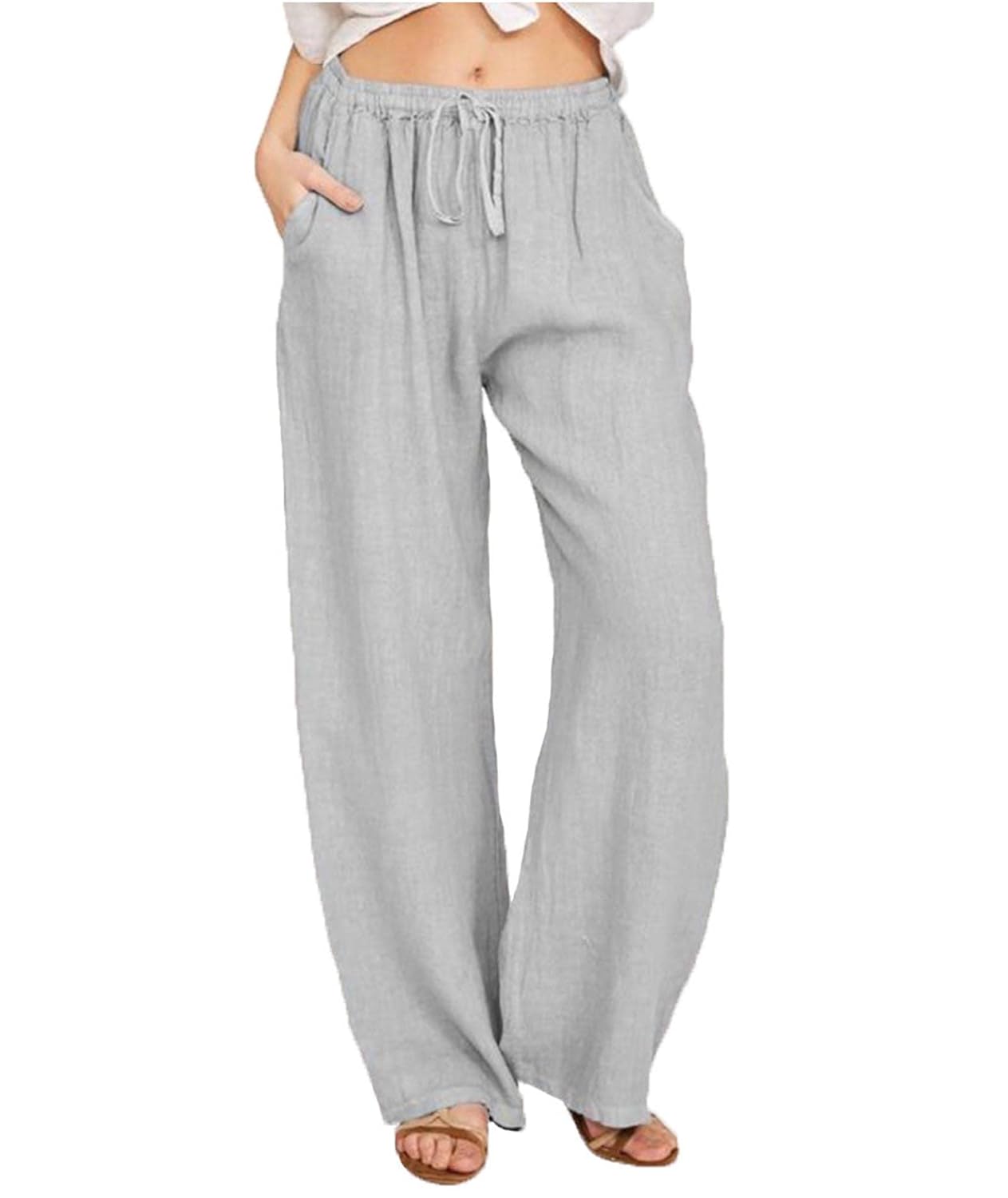xxxiticat Womens Cotton Casual Pants High Waist Solid Elastic Waist Drawstring Lace Up Wide Leg Loose Lounge Trousers