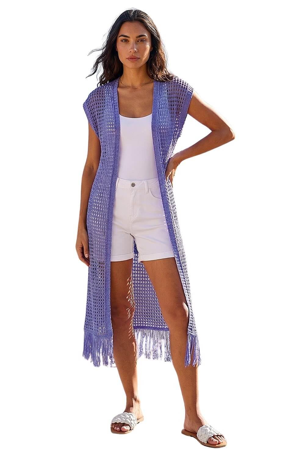 Roman Originals Longline Shimmer Tassel Knit Kimono for Women UK - Ladies Everyday Holiday Spring Summer Comfy Soft Evening Vacation Work Party - Purple - Size 14