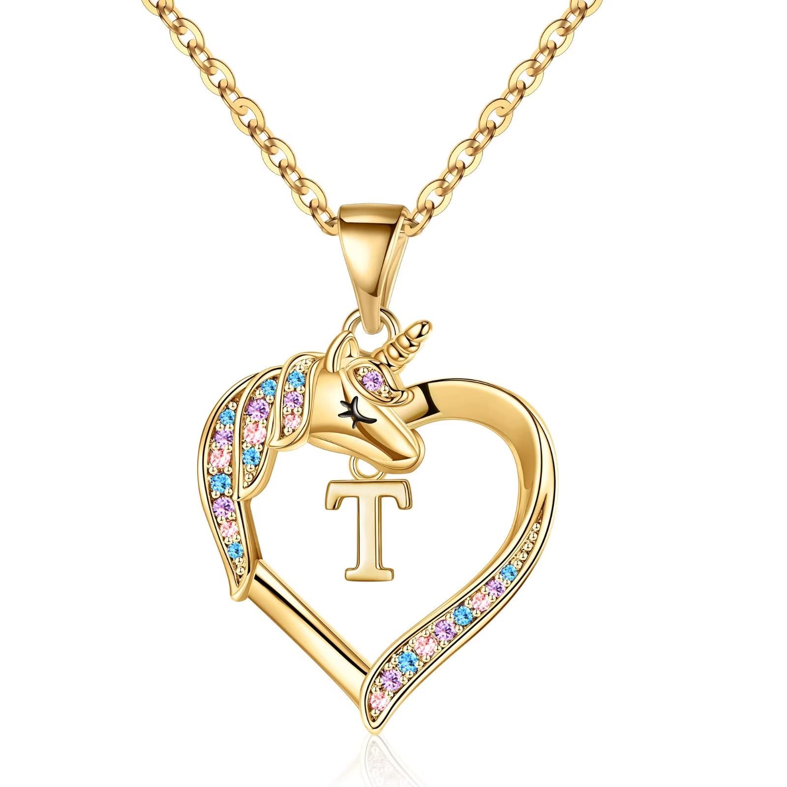 Hidepoo Valentines Gifts for Kids Girls - Unicorn Necklace Gifts for Girls 14K-Gold-Plated Colorful CZ Heart Necklace Girl Jewelry Initial Unicorn