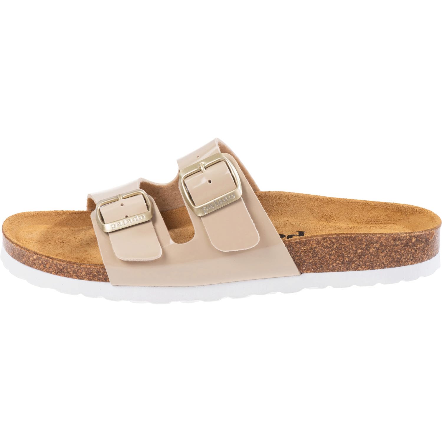 Palado Pantoletten Damen Milos Lack – elegante Sandalen Made in Spain - bequeme Hausschuhe mit Kork-Fußbett - modische Sommerschuhe