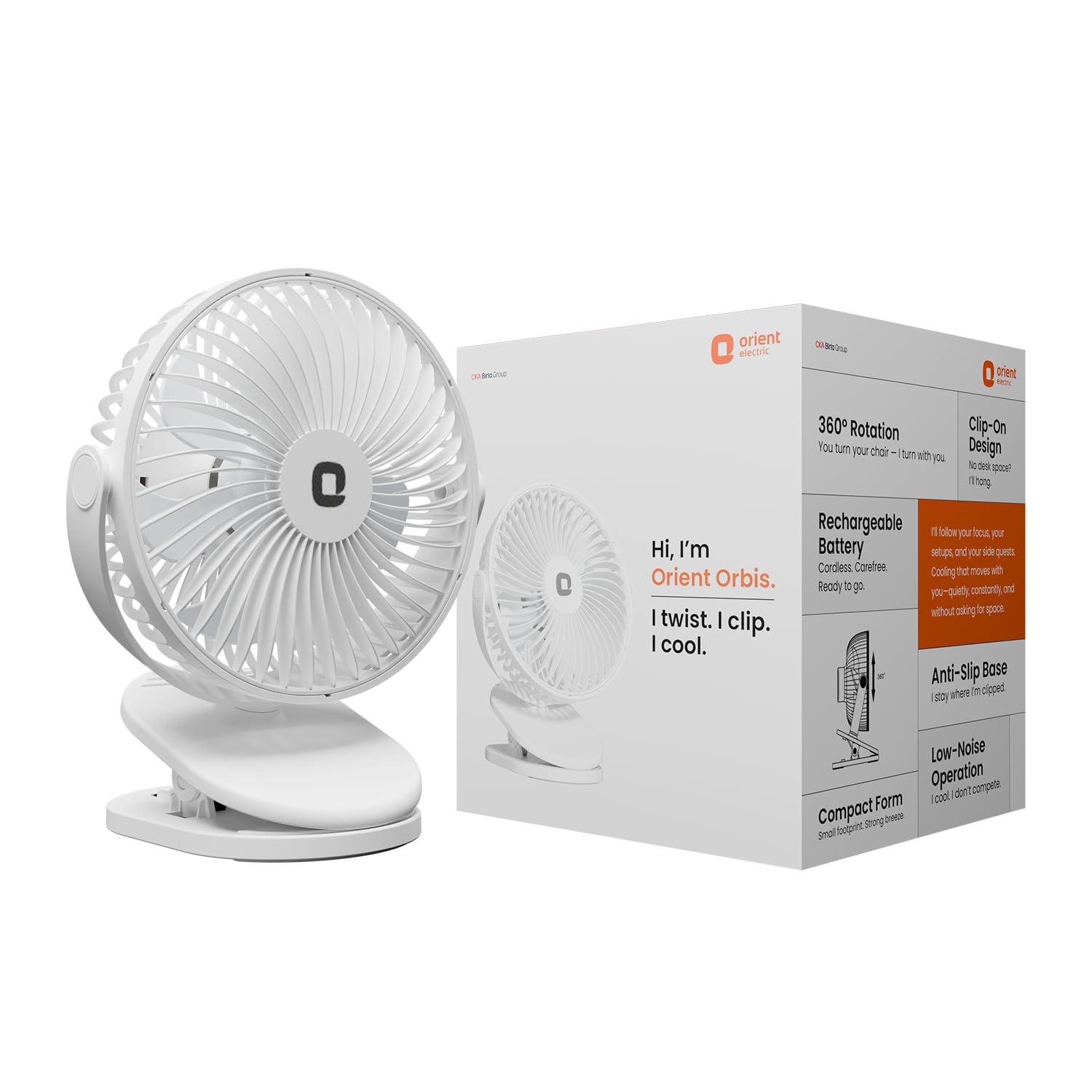 Orient Electric Newly Launched Orbis Rechargeable Personal Fan | 5-Hours Battery Backup | 360° Rotation | 4 Speed Modes with Timer | Quiet Operation | USB Type-C Charging | Clip-On Mini Fan (White)-image-32