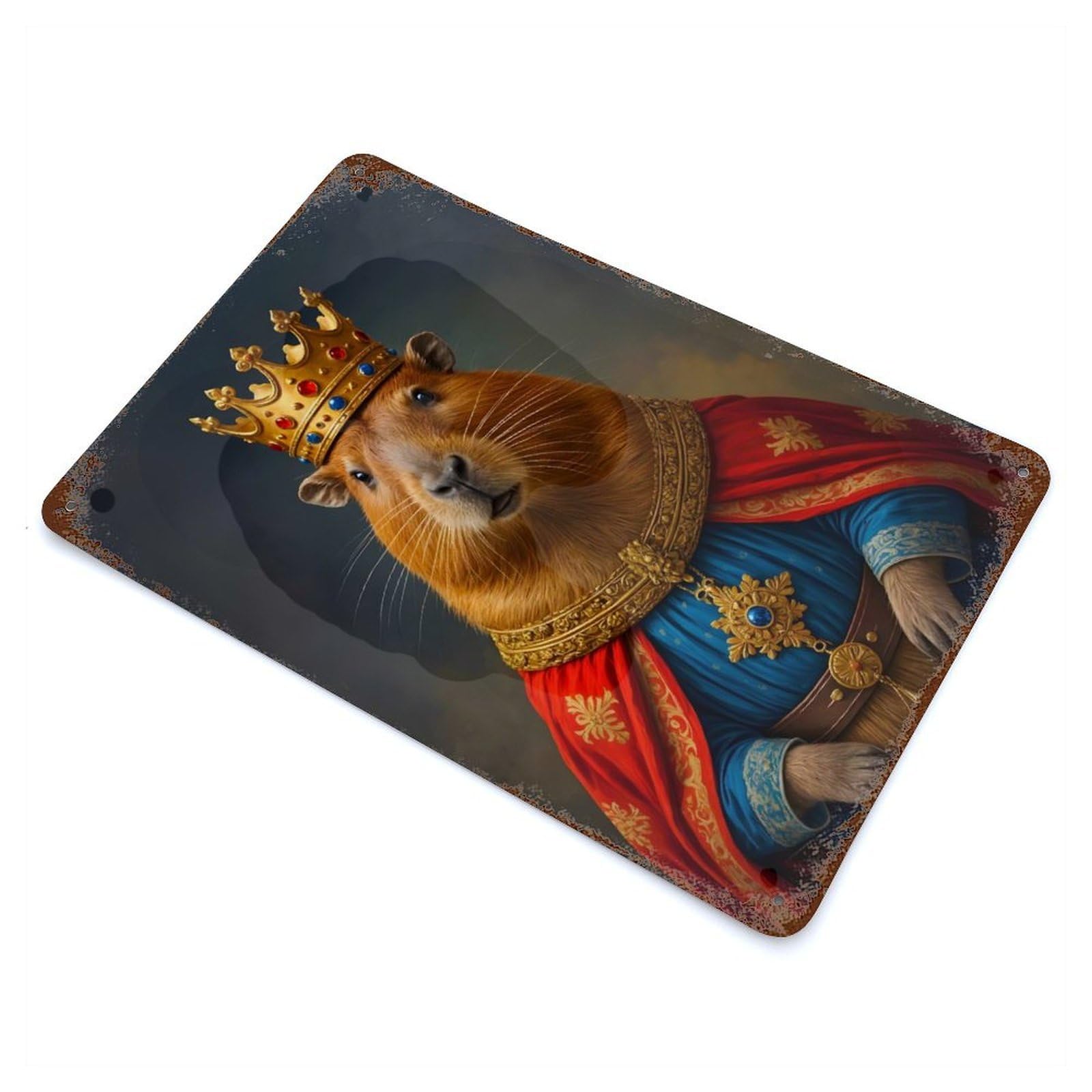 Distressed Metal Wall Sign with Capybara King Design 11.8"x7.9", for Farmhouse, Kitchen And Entryway Decor, Old School Wall Decor