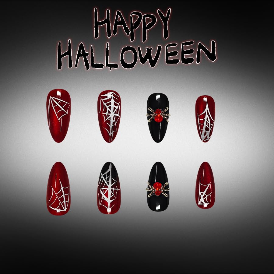 Halloween 24PCS Black Red Rhinestones Cat Eye Spider Web Press on Nails for Women Almond Medium Glossy Fake Nail Acrylic Full Cover Stick on Nails Manicure Decoration Reusable False Nail Kit Gift image 5