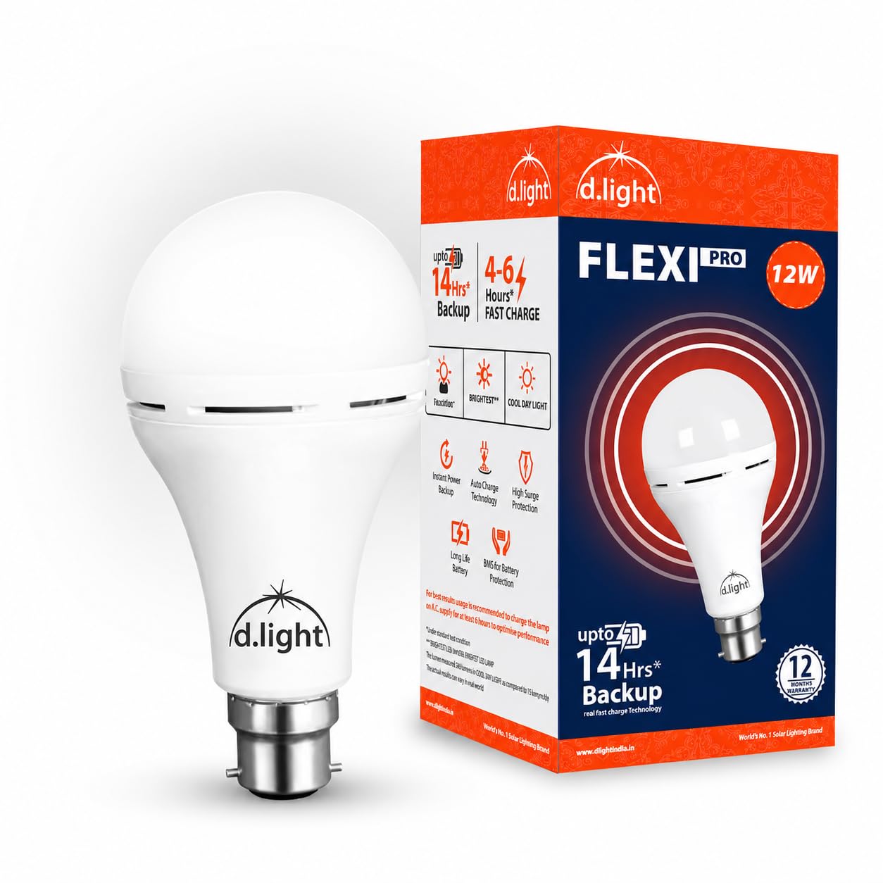dlight 12w flexi pro emergency led inverter bulb for home, with upto 4 hours battery back up, over charging protection, 3-step dimmable feature, cool day light (6500k) pack of 1