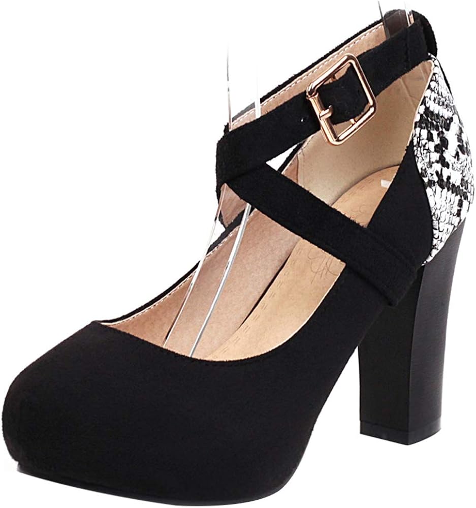 SUCREVEN Women Block Heel Dress Shoes Fashion Snakeskin Party Pumps