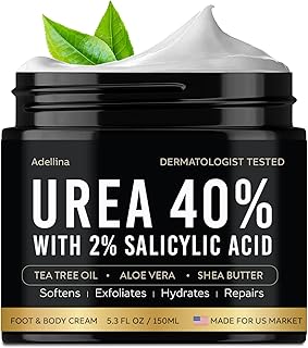 Adellina Urea Cream 40 Percent for Feet, Urea Foot Cream for Dry Cracked Heels Feet Knees Elbows, 40% Urea Foot Repair Lotion with 2% Salicylic Acid, Shea Butter, Tea Tree Oil, Aloe Vera, 5.3 OZ