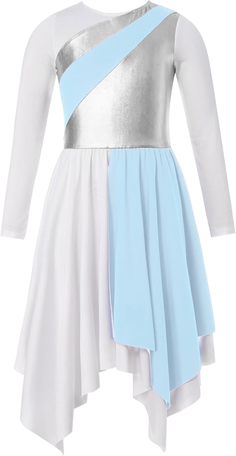 Girls Metallic Liturgical Praise Dance Dress Color Block Long Sleeve Asymmetrical Worship Dress Church Robe