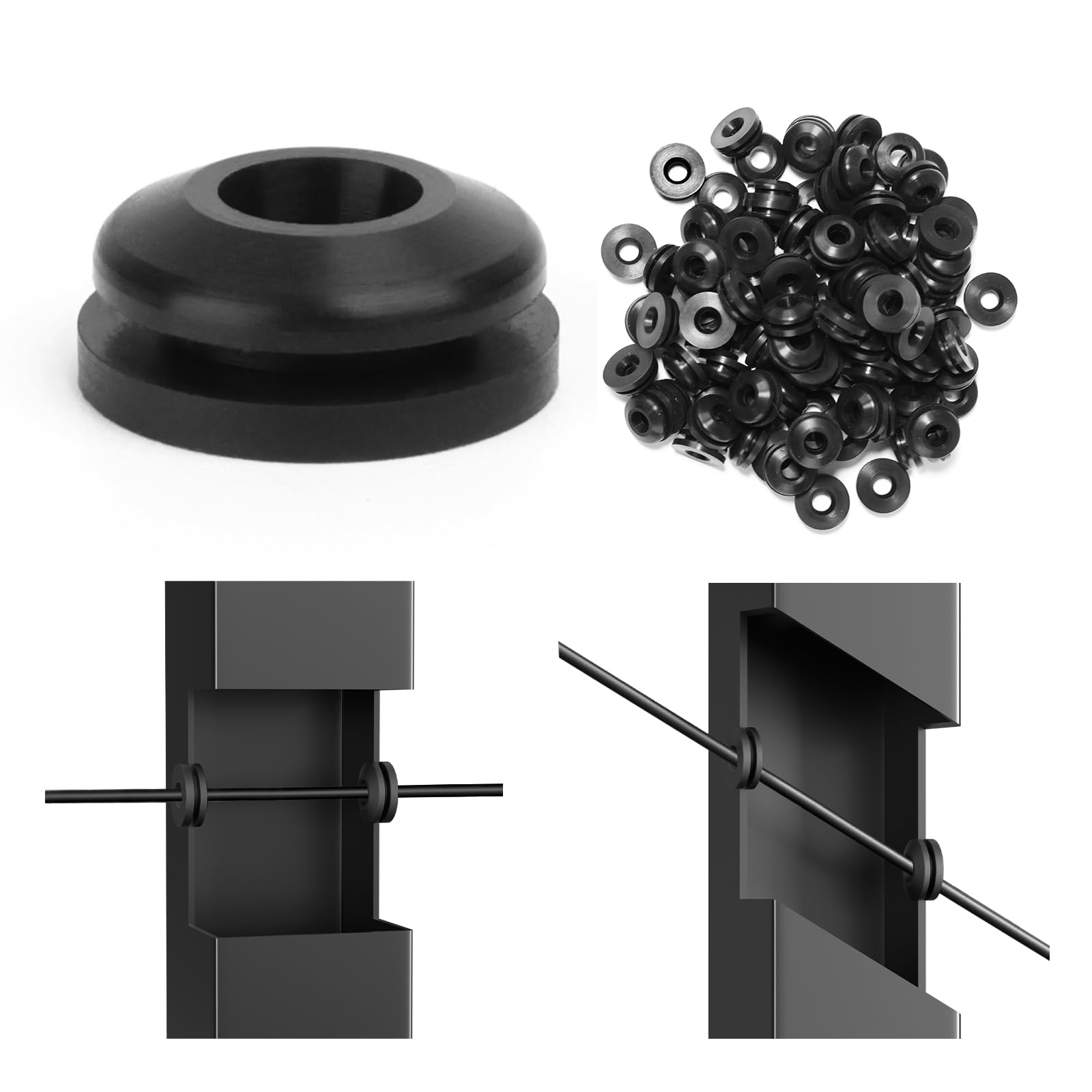 Muzata 100 Pack Cable Railing Rubber Grommets for 1/8" 5/32" 3/16" Cables, 1/8" Black Cable Railing Protective Sleeves Metal Post Protector Kits Only for Muzata Level Stair Posts