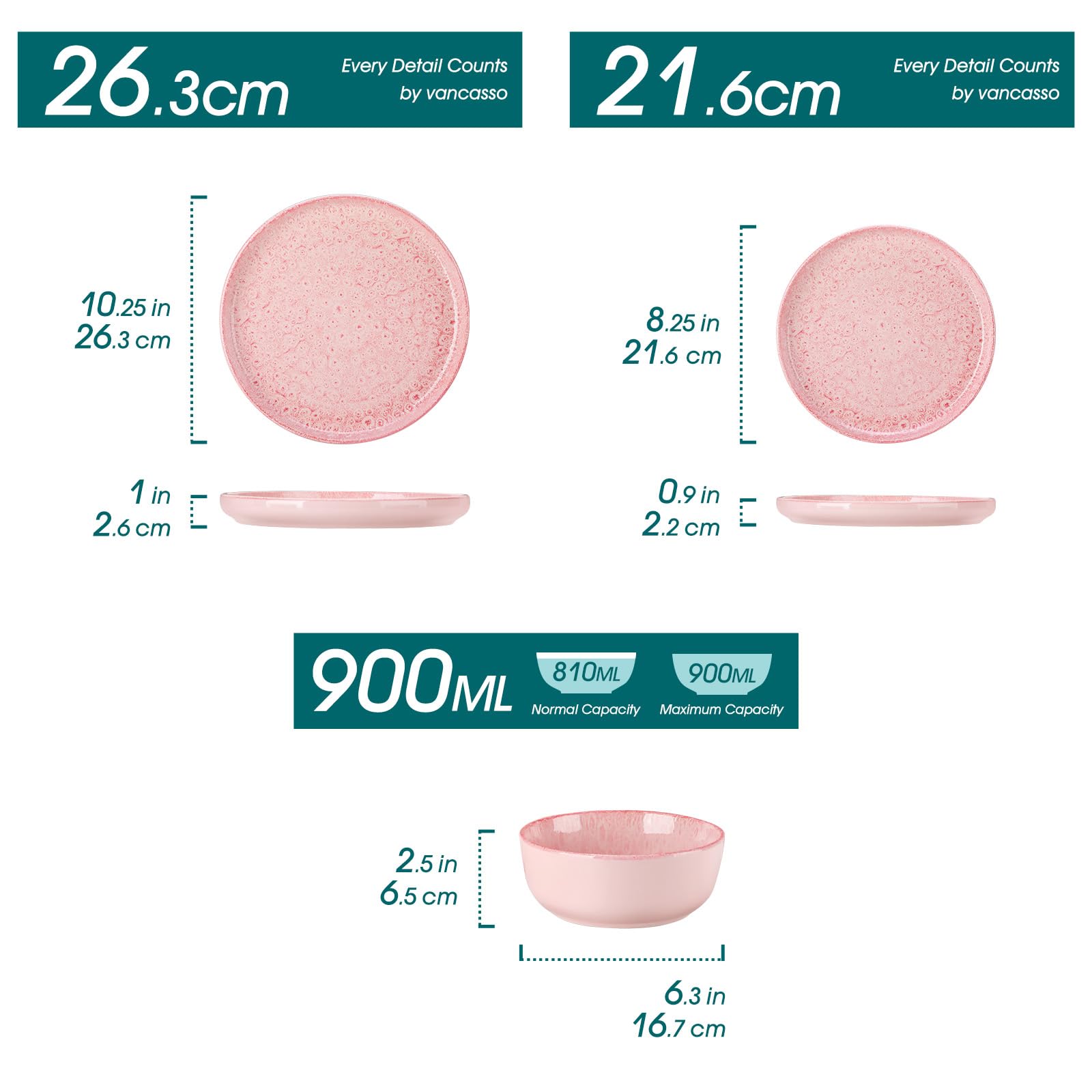 Geschirrset 6 Personen, vancasso Reveal 18tlg Steingut Teller Set, Rosa