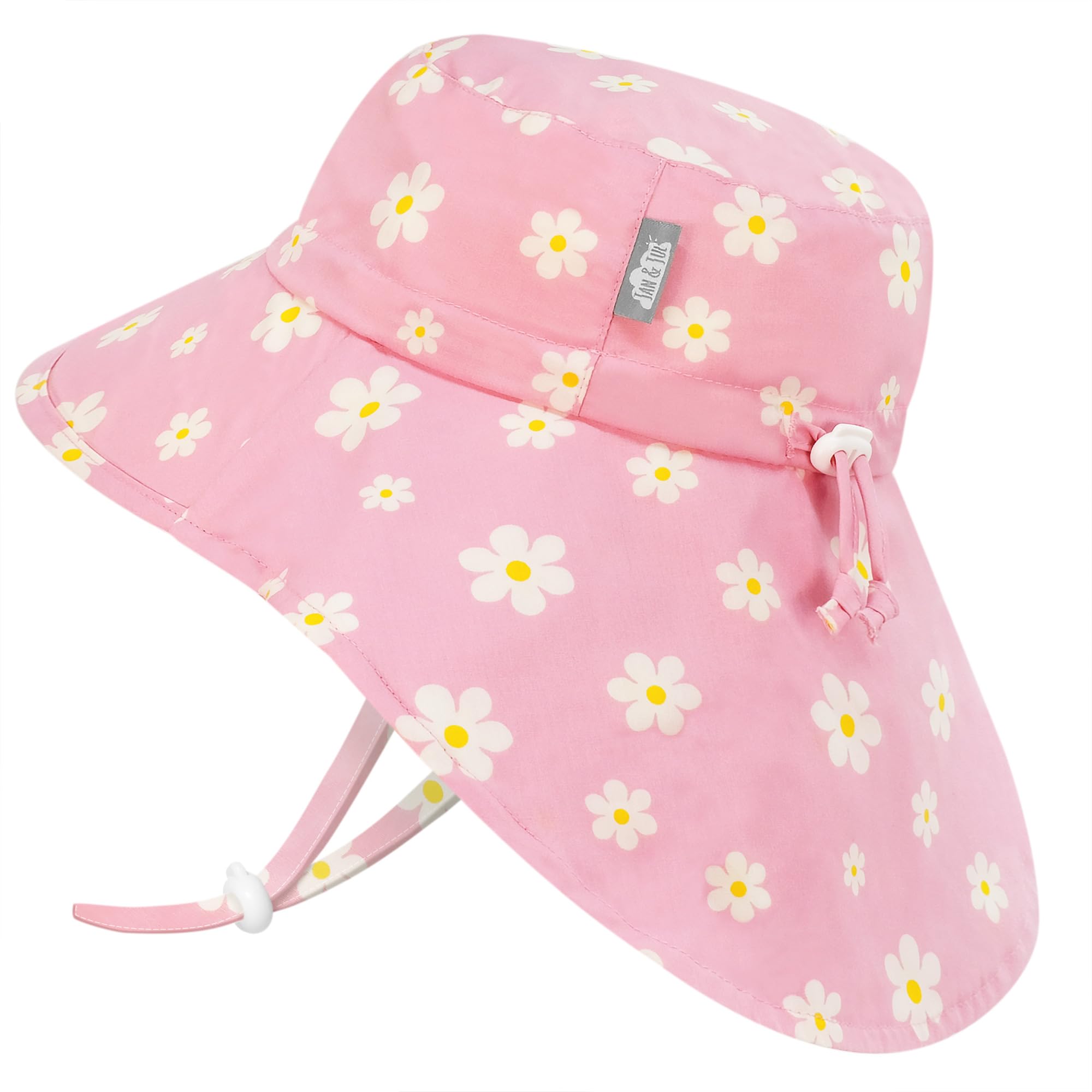 JAN & JUL Girls' Cotton Sun-Hat with Neck Flap, Packable Xplorer Hat for Kids (XL: 5-12 Years, Pink Daisy)