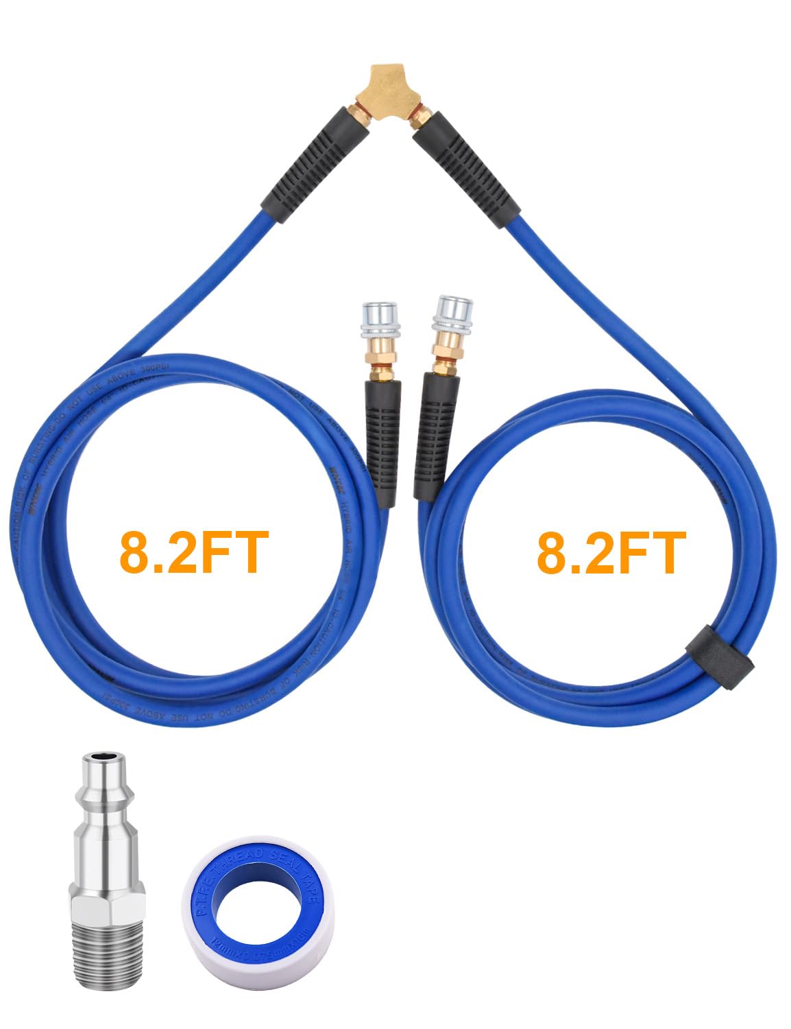 Manguera de inflado de neumáticos de 2 vías de 1/4 pulgadas x 8.2 pies, manguera de compresor de aire resistente con accesorios de acoplador rápido industrial de 1/4 pulgadas, 300 PSI