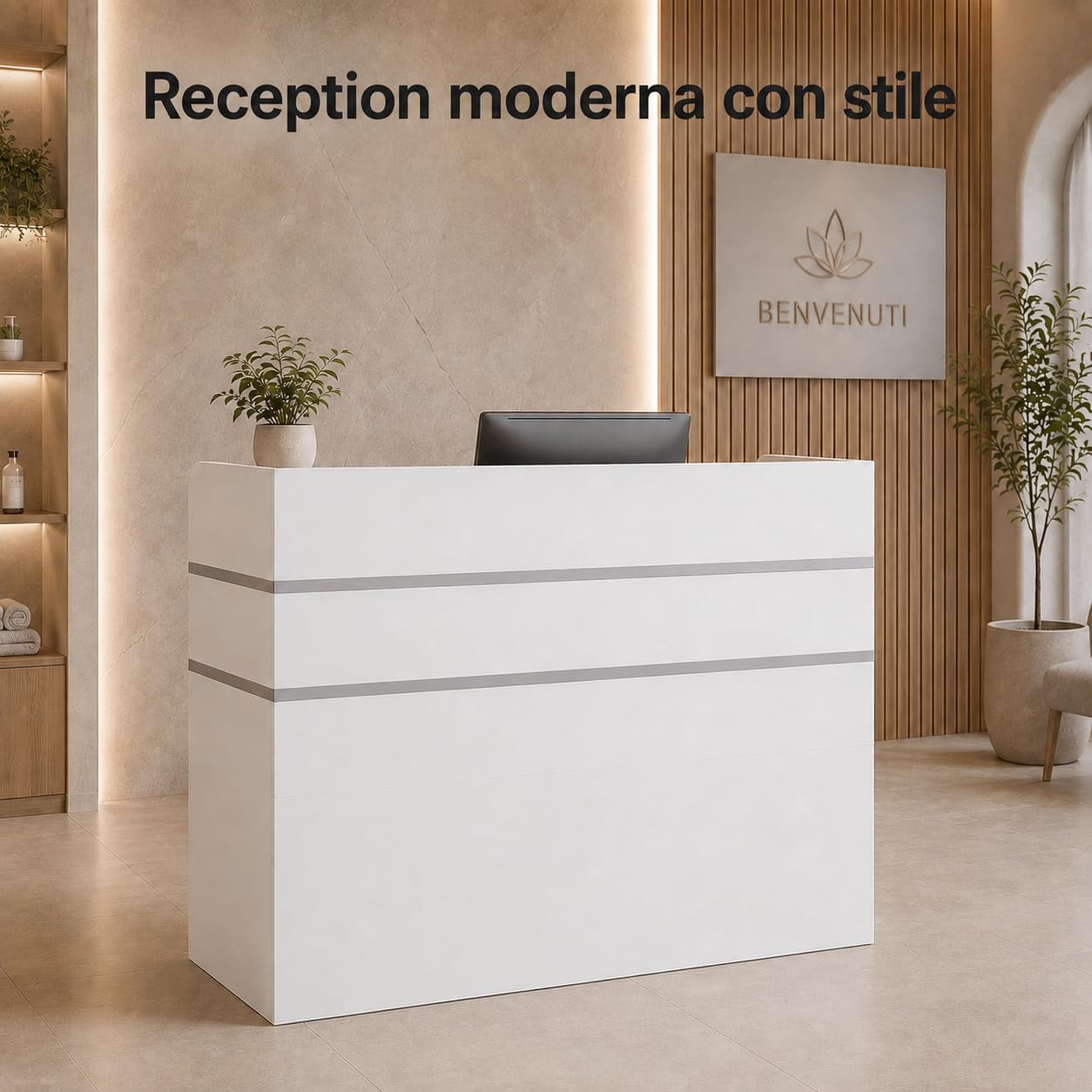 Banco reception, banco reception, tavolo con 3 cassetti e ripiani per sale aziendali, reception alberghiere, negozi di abbigliamento, bianco, 120 cmx 48 cm x 110 cm