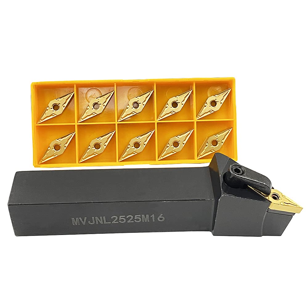 GBJ- MVJNL2525M16 + 10PCS VNMG331-MA (Gold) Lathe External Turning & Profiling Tool Holder Main Angle 93° Holder Lathe Cutting Tools for 35° Carbide Inserts VNMG1604 (MVJNL2525M16+VNMG331-MA)