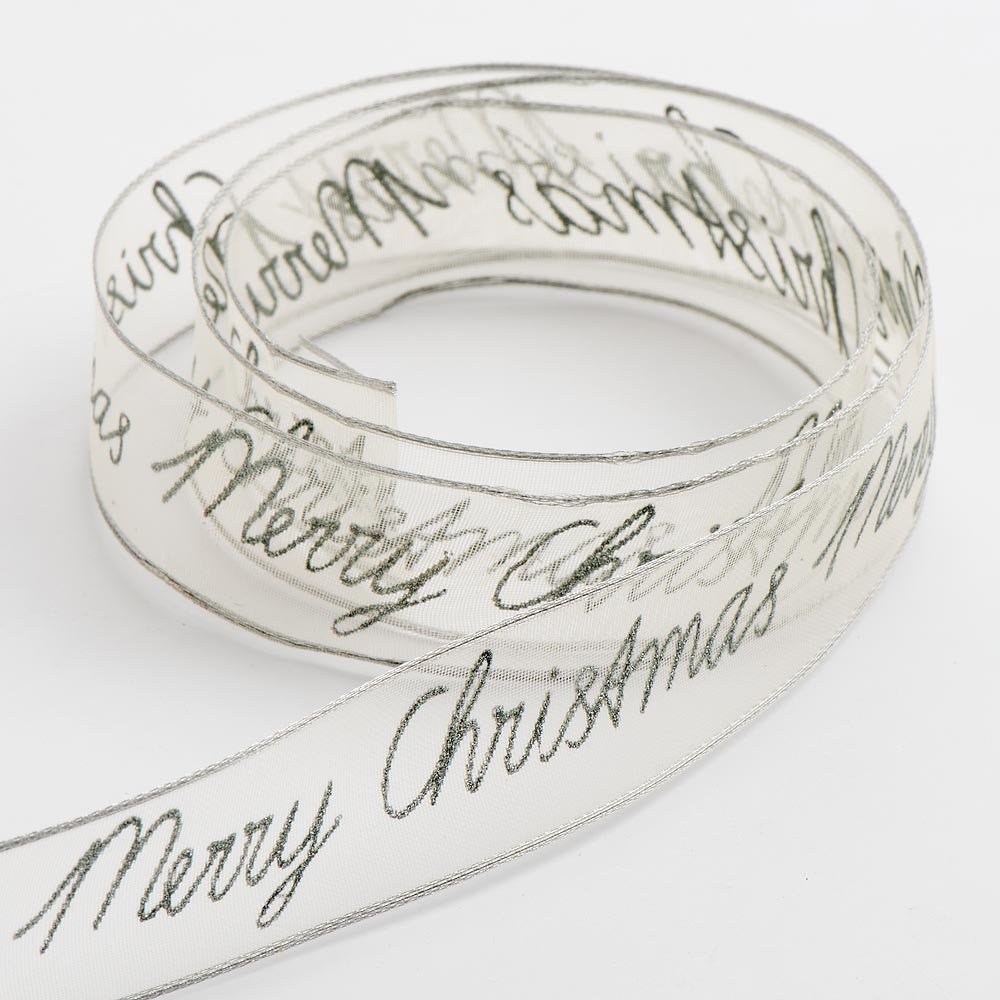 Italian Options Merry Christmas Silver Organza Ribbon, Wired Christmas Ribbon for Gift Wrapping, Crafts, Weddings, Wreaths, Tree Decorations, Silver, 25 mm x 10 Metre Roll