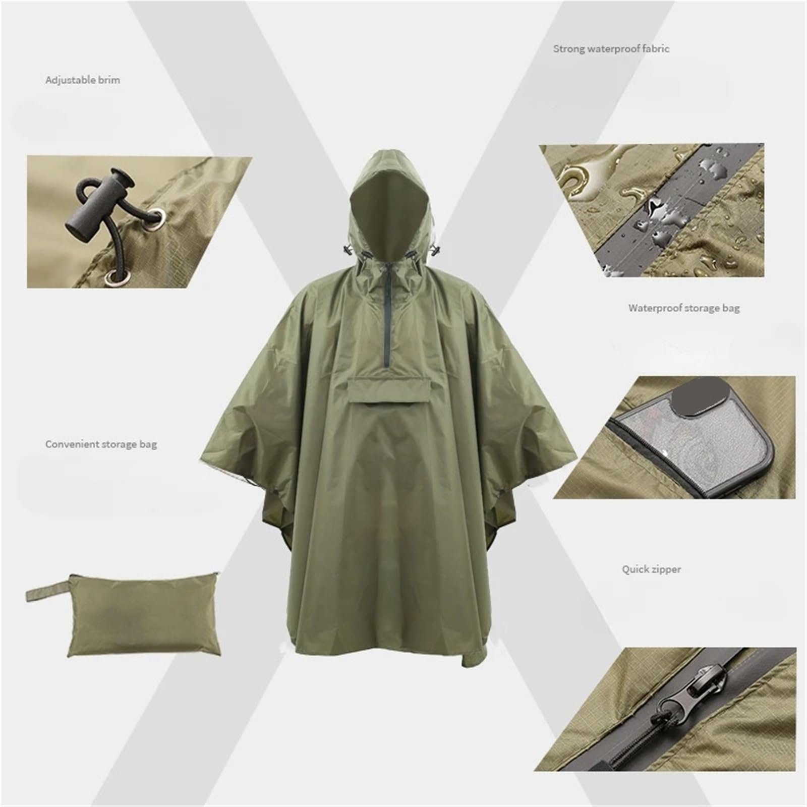 Poncho Antipioggia for Esterni, Escursionismo, Alpinismo, Campeggio, Equitazione, Tasca con Mezza Cerniera, Mantello con Cappuccio