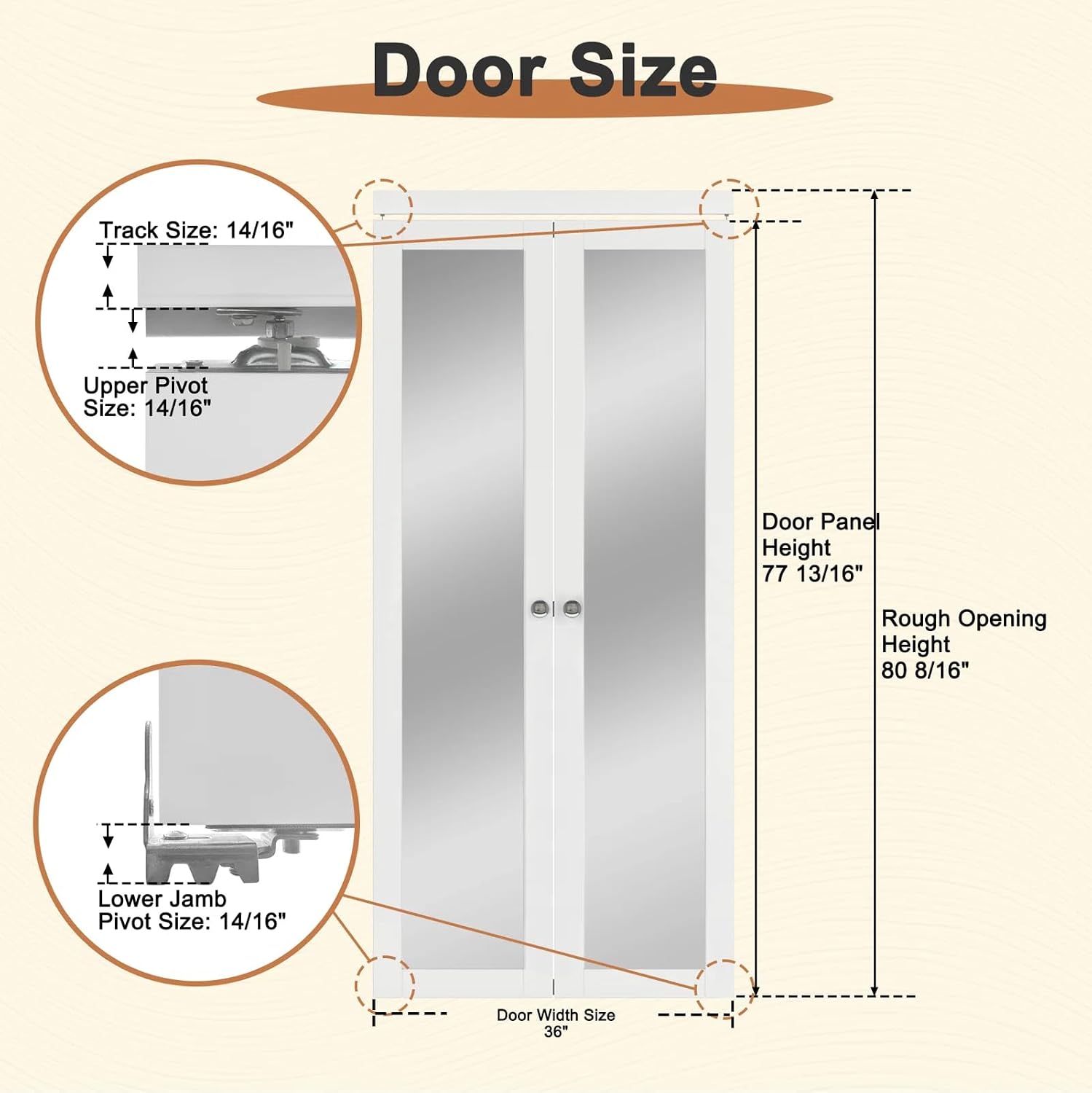 1-Lite Mirrored Pivot-French Solid Core Doors with Installation Hardware Kit, 36" x 80"