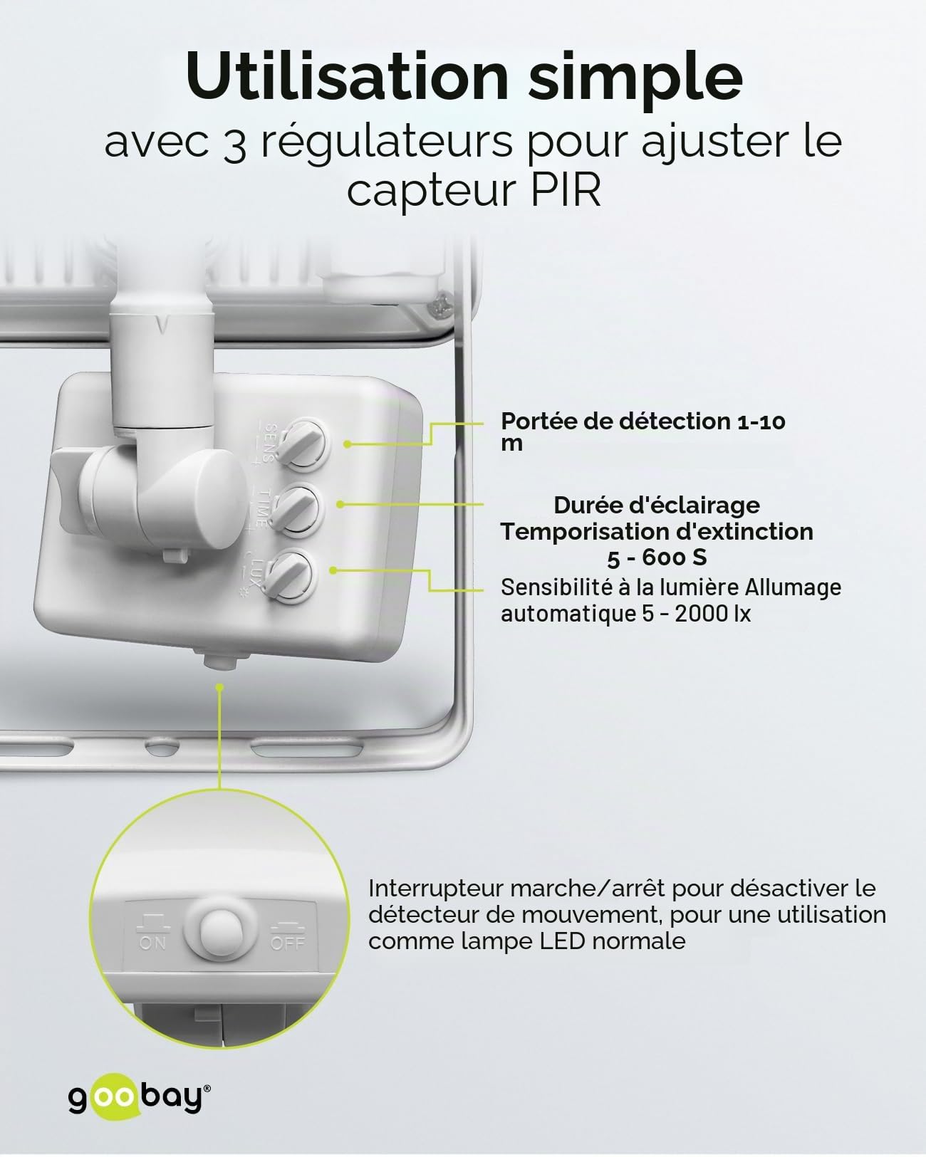 goobay 53884 Projecteur LED avec détecteur de mouvement extérieur 50 W - Capteur PIR - IP44 - Lumière blanche neutre 4250 lm - Montage mural - Spot de jardin - Blanc