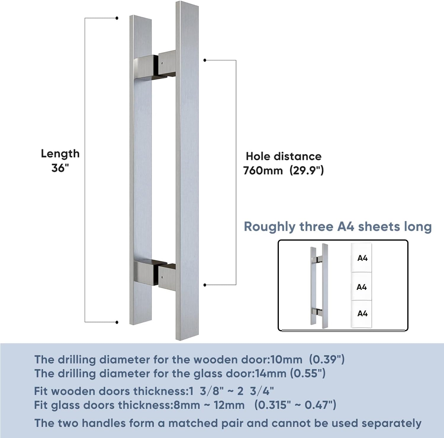 BARNSMITH 36" Barn Door Push Pull Handle,Heavy Duty Grade-304 Stainless Steel Square Commercial Door Handle,Entrance Entry Front Door Handle, Office Handle Pull Set for Wood Glass Door