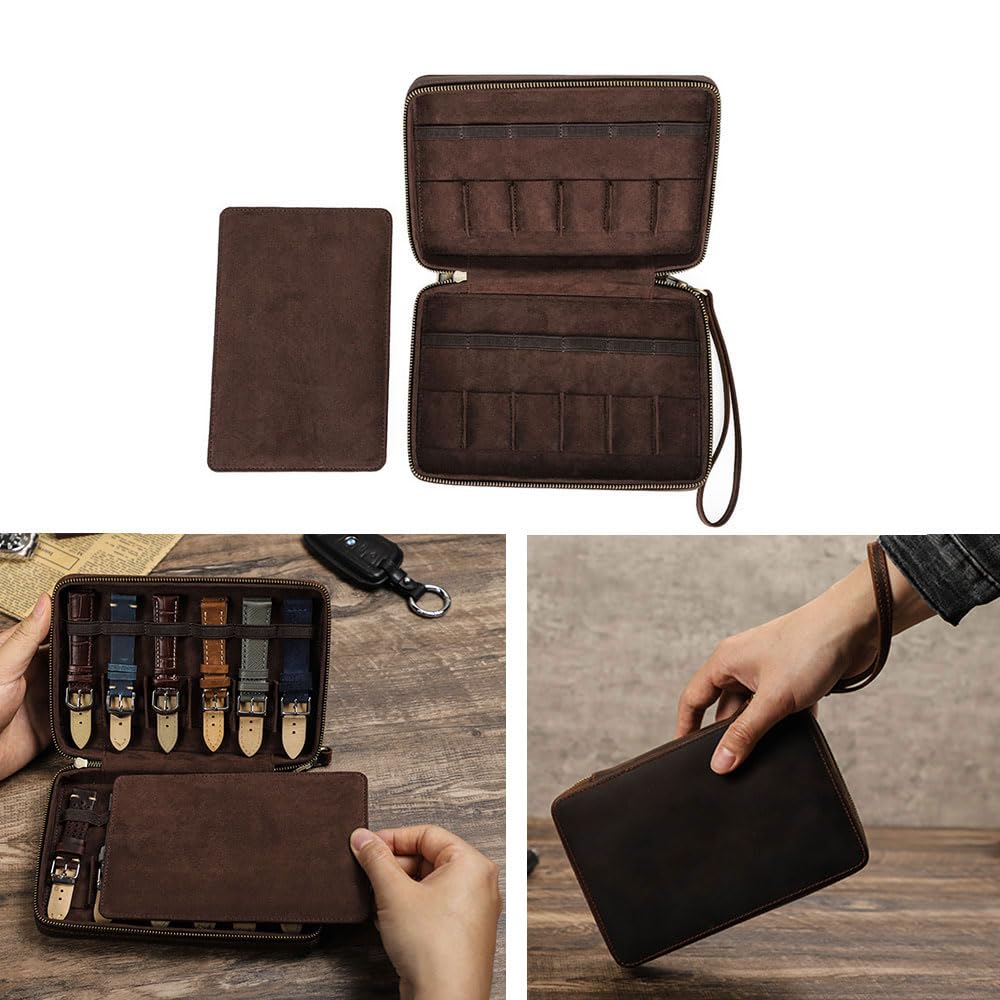 Contacts Custodia in pelle da viaggio con 12 scomparti per orologi da uomo, organizer per cinturini per orologi da uomo, compatibile con la maggior parte dei cinturini