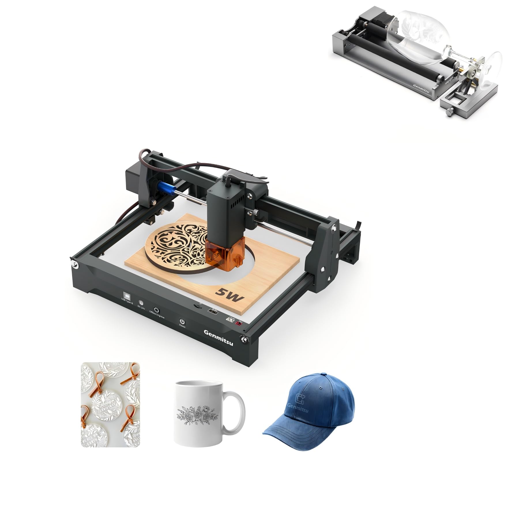 Macchina per incisione laser Genmitsu Kortek 5W+ MD19 Kit Rullo Rotante 360° Y, per fai da te su legno, acrilico opaco, pelle, vetro, ceramica, metallo, fibra