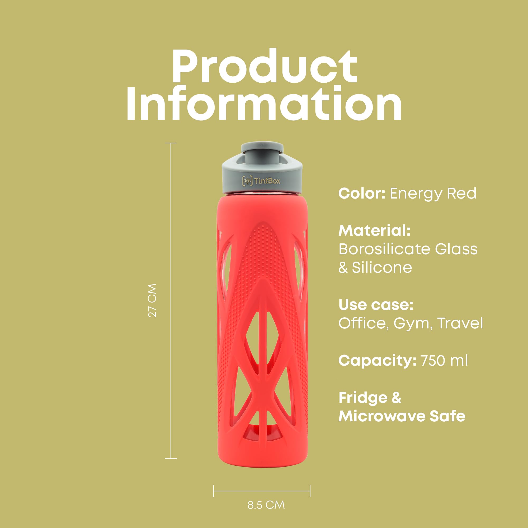 TintBox Borosilicate Glass Water Bottle with Silicone Sleeve | as seen on Shark Tank | perfect for Office, Home, Fridge, Gym, Travel | BPA Free | Power Blue | 750ml 1