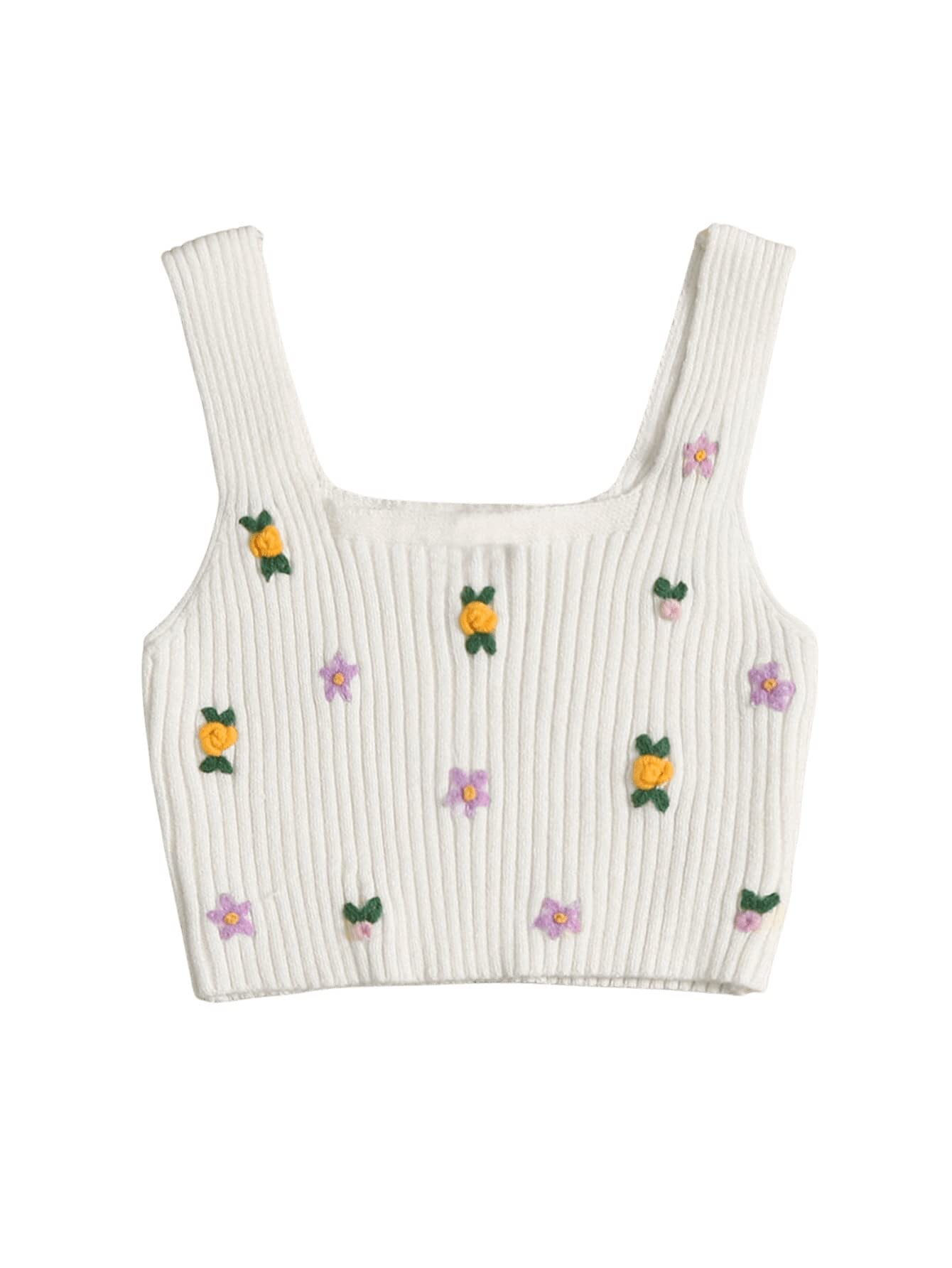 SweatyRocks Women's Sleeveless Ribbed Knit Vest Top Scoop Neck Floral Slim Fit Crop Tank Tops