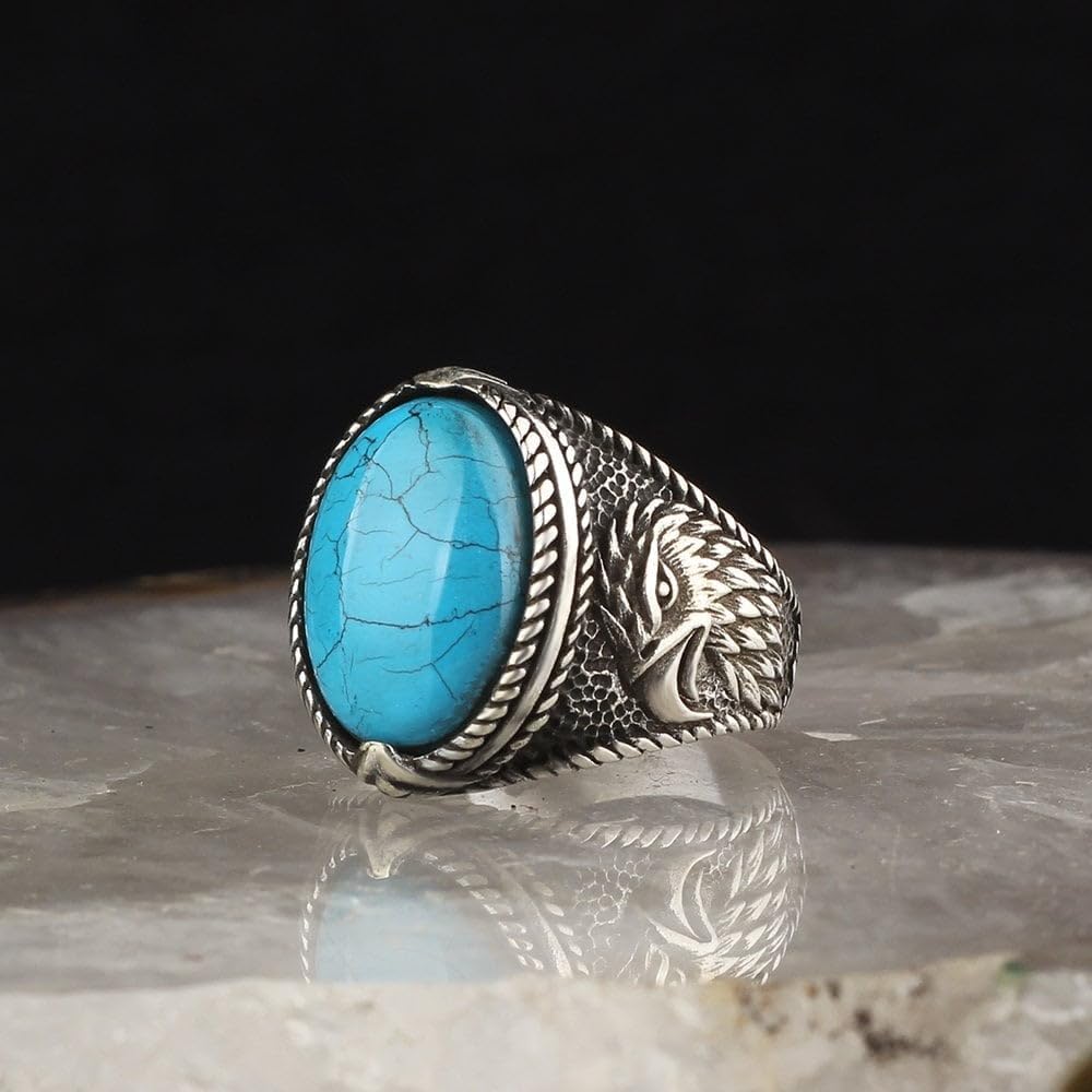 925 Sterling Silver Men's Turquoise Stone Eagle Head Design Signet Ring, Handmade, Bold, Adventurous, Blue Turquoise Stone, Sterling Silver, Unisex, Anniversary, 1 Count