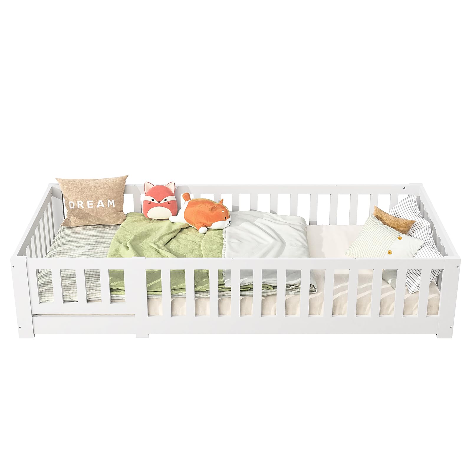 Cama infantil 90 x 200 cm con somier, marco de cama de madera con valla y puerta, cama Montessori con protección anticaídas, para niño y niña, color blanco