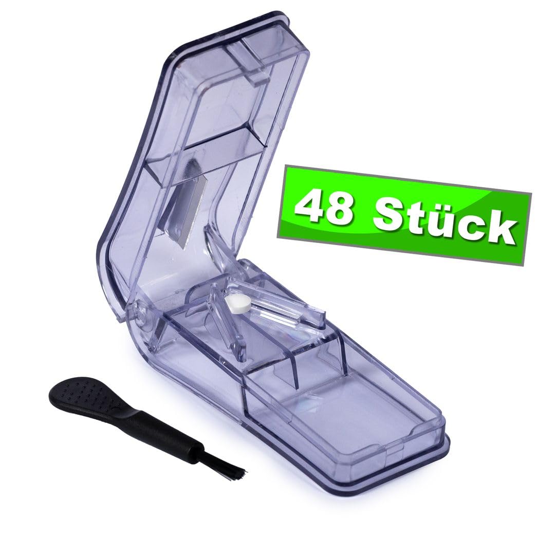 LARO Premium Tablettenteiler & Pillenschneider Grau mit Reinigungsbürste 48 Stück Präziser Medikamententeiler, Anzahl:48