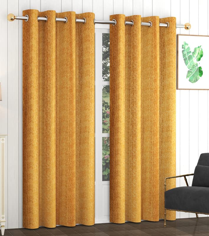 Exporthub Set of 2 Piece Heavy Quality Polyester Texture Design Golden Color Eyelet Door Curtains - Door - 7 feet Long (EHSPR923_74)