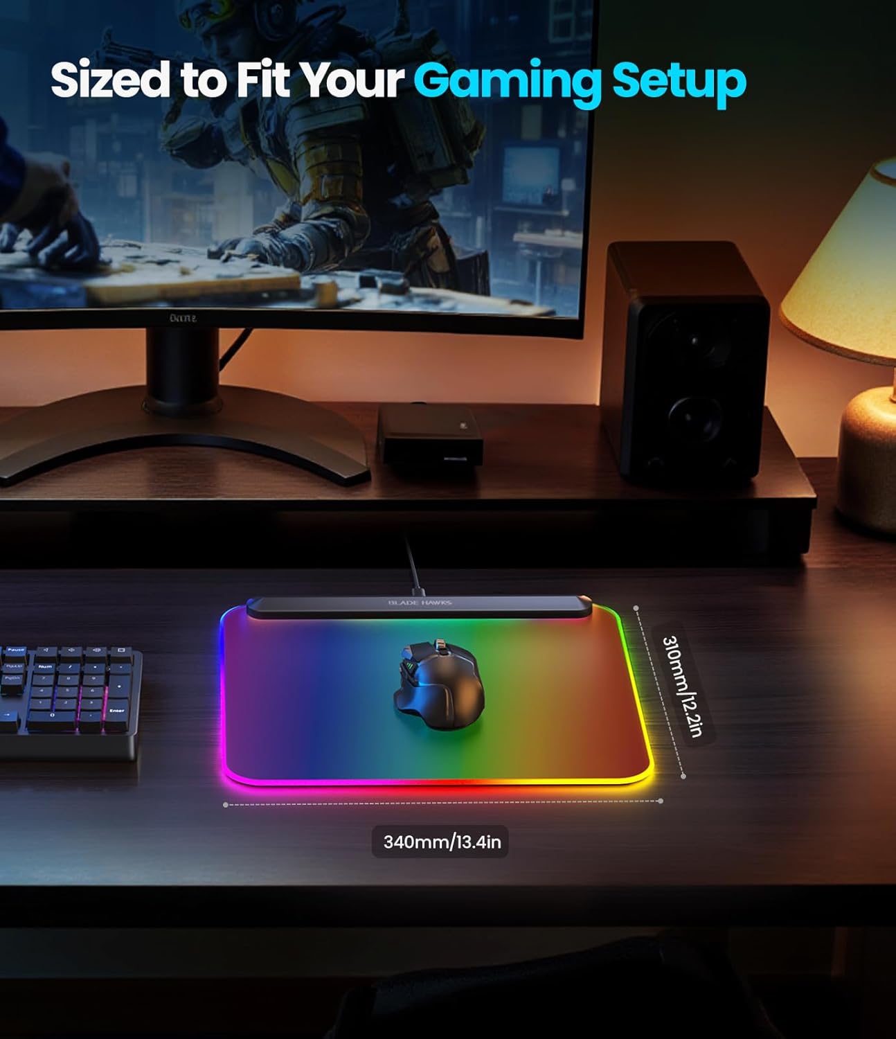 BladeHawks BX10 RGB Full Backlight Gaming Mouse Pad, 6 Lighting Modes & Colors, USB 2.0 & Type-C Ports, Detachable Type-C Cable, Micro-Textured Surface, Non-Slip Base (13.4 * 12.2'') – Ideal Desk Mat - Image 7