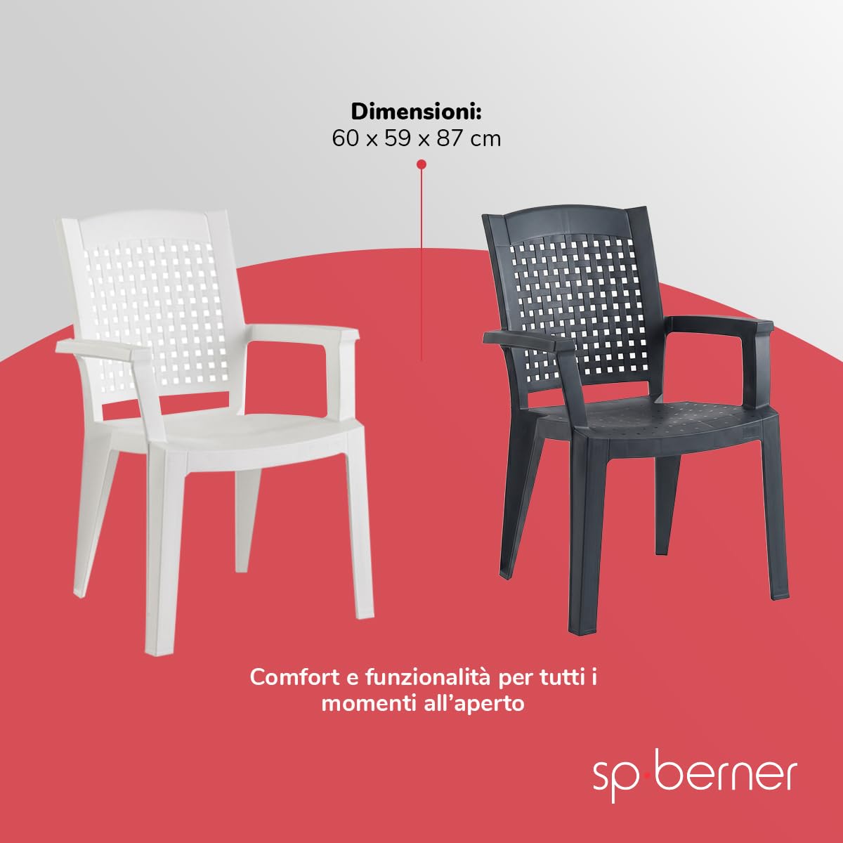SP Berner SHAF - Confezione da 4 Sedie - Giardino Esterno e Terrazza - Plastica Riciclata Resistente UV - Impilabili - Modello Metallo - Bianco