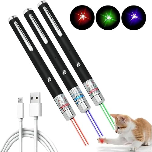 3 piezas de juguetes para gatos, puntero láser, recargable por USB, luz verde, roja, azul, control remoto de presentación Lazer para interiores en