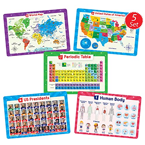Simply Magic 5 Placemats for Kids - Kids Placemat Non Slip, Washable Reusable Children Placemat, Educational Placemats: USA and World Maps, Periodic Table, US Presidents, Plastic Place Mats for Kids