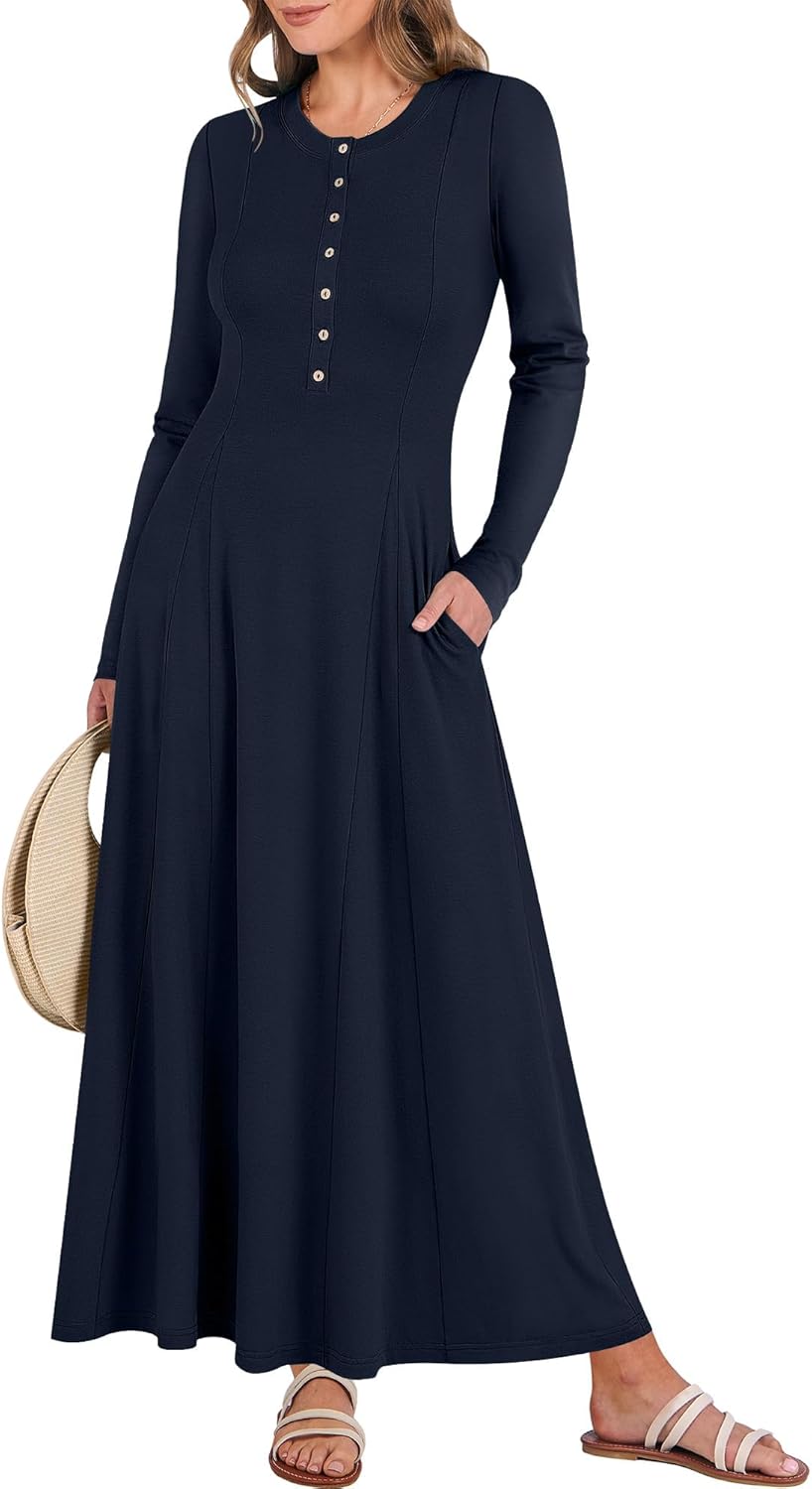 ANRABESS Women’s Long Sleeve Maxi Dress 2025 Fall Casual Button Fit & Flare A-Line Swing Flowy Long Dresses Winter Trendy