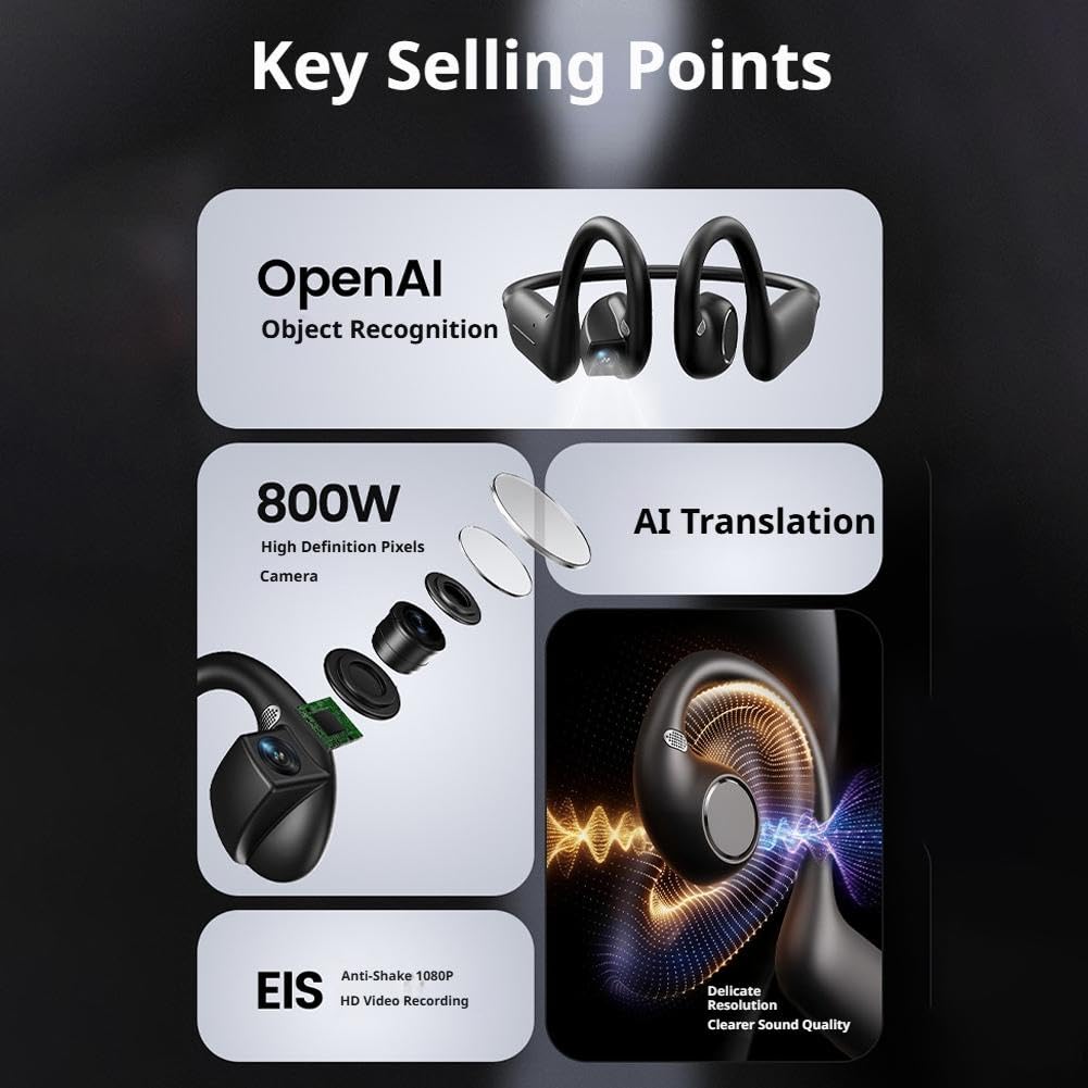 Cuffie E12 a conduzione ossea con fotocamera, orecchio aperto, vestibilità comoda, Hi-Fi, 8 MP Smart Camera Open-Ear Headset, POVCamera vivavoce, traduzione AI e conversazione intelligente, auricolari