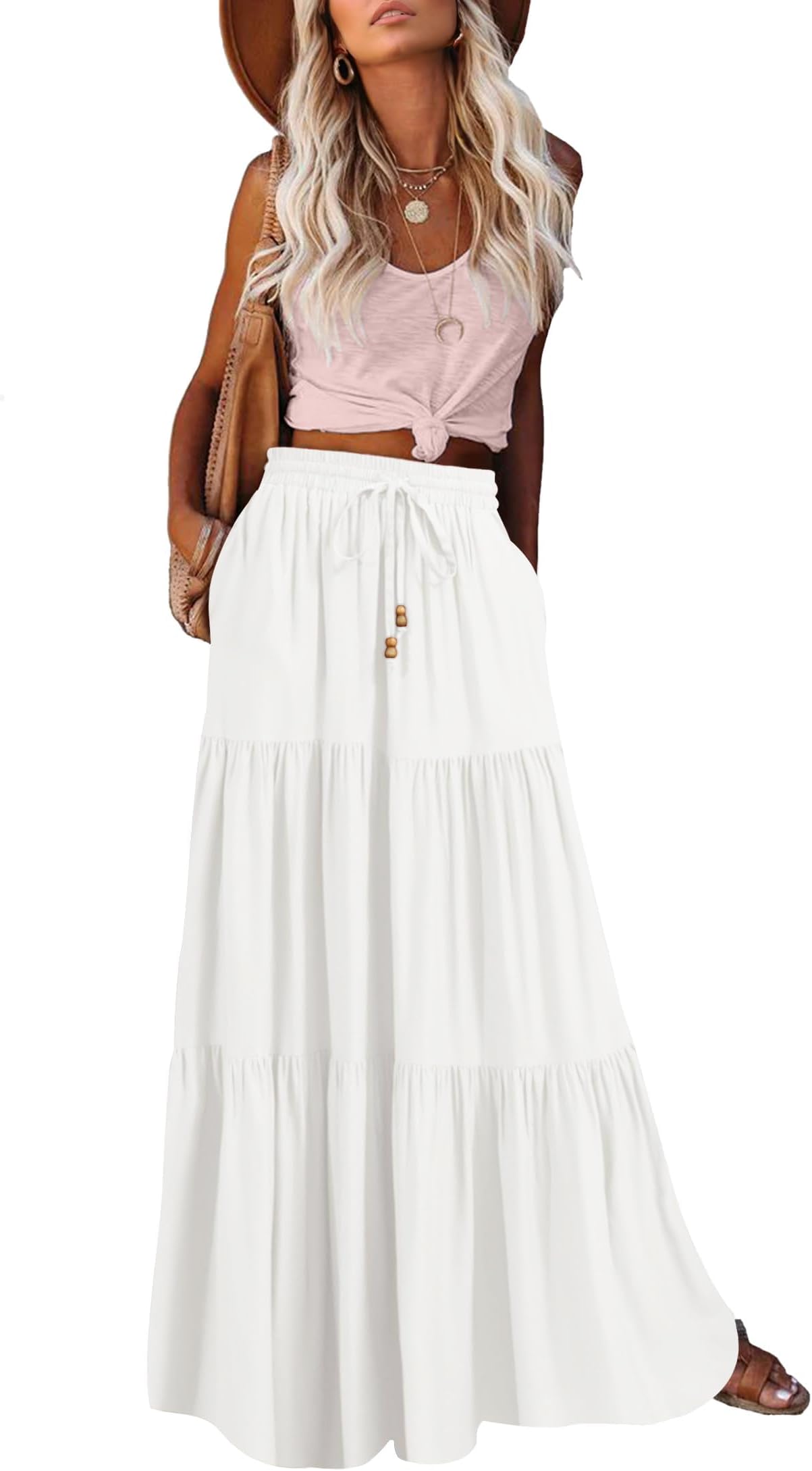 Women's Summer Boho Maxi Skirt A-Line Flowy Ruffle Tiered Elastic High Waist Beach Long Skirts with Pockets