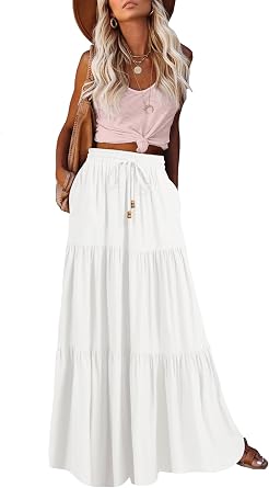 HAEOF Womens Summer Boho Maxi Skirt A-Line Flowy Ruffle Tiered Elastic High Waist Beach Long Skirts with Pockets