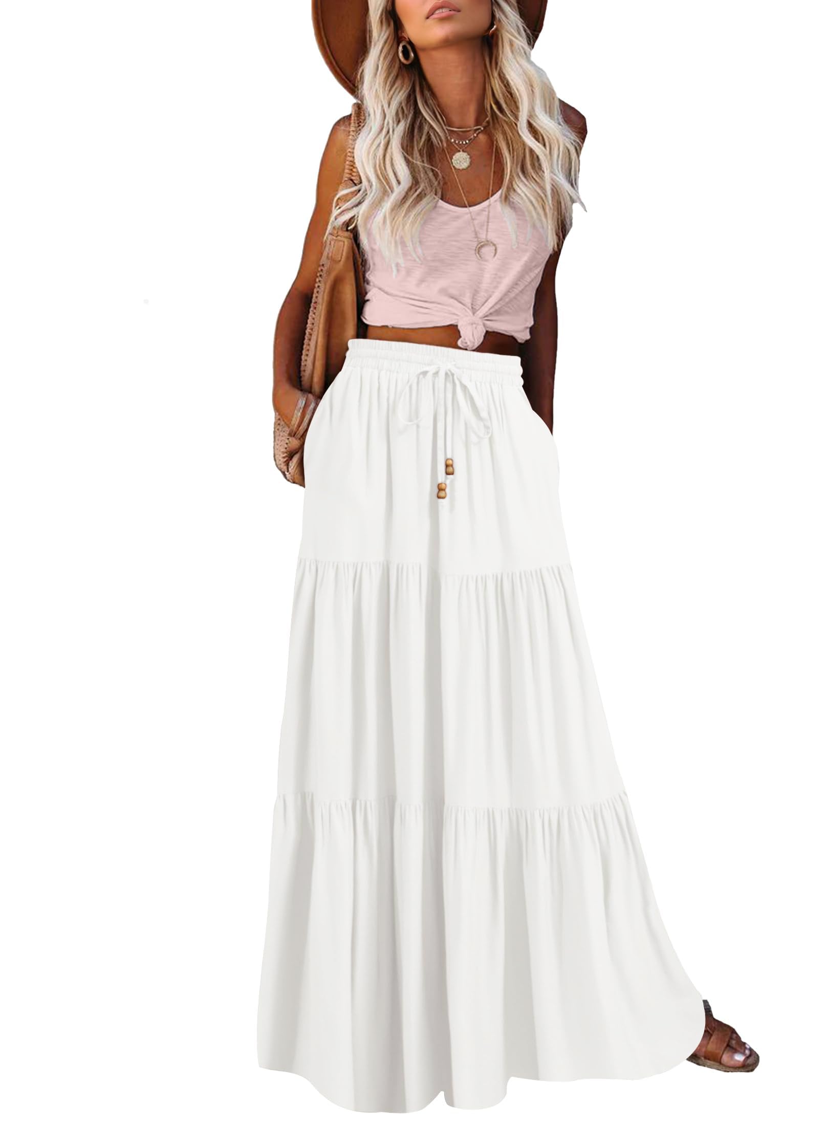 HAEOF Women's Summer Boho Maxi Skirt A-Line Flowy Ruffle Tiered Elastic High Waist Beach Long Skirts with Pockets