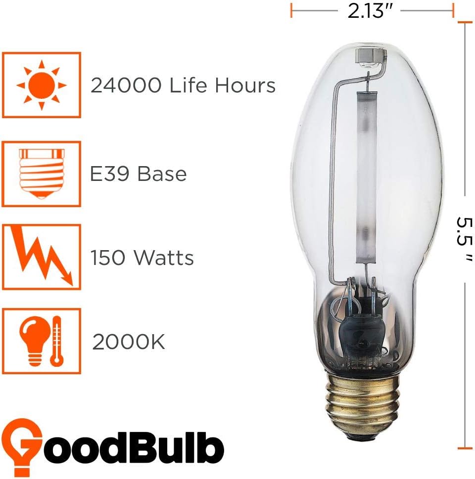 GoodBulb 150-Watt High Pressure Sodium HID Light Bulb | E39 Base ED23 1/2 ANSI Code S55 | High Output | 2000K Warm White Light Color | Clear Finish | 24000 Life Hours | Pack of 2 Bulbs