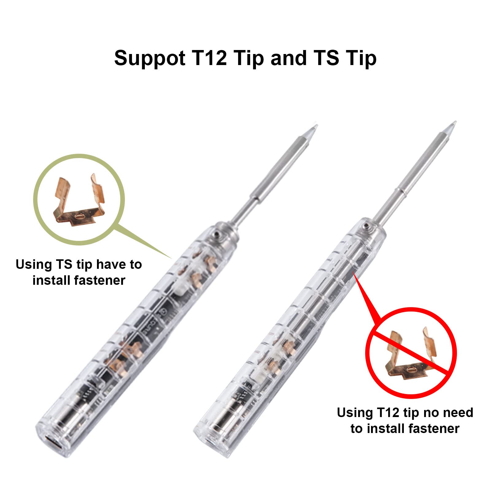 Comparison of T12 and TS soldering tips, showing that TS tips require a fastener while T12 tips do not.