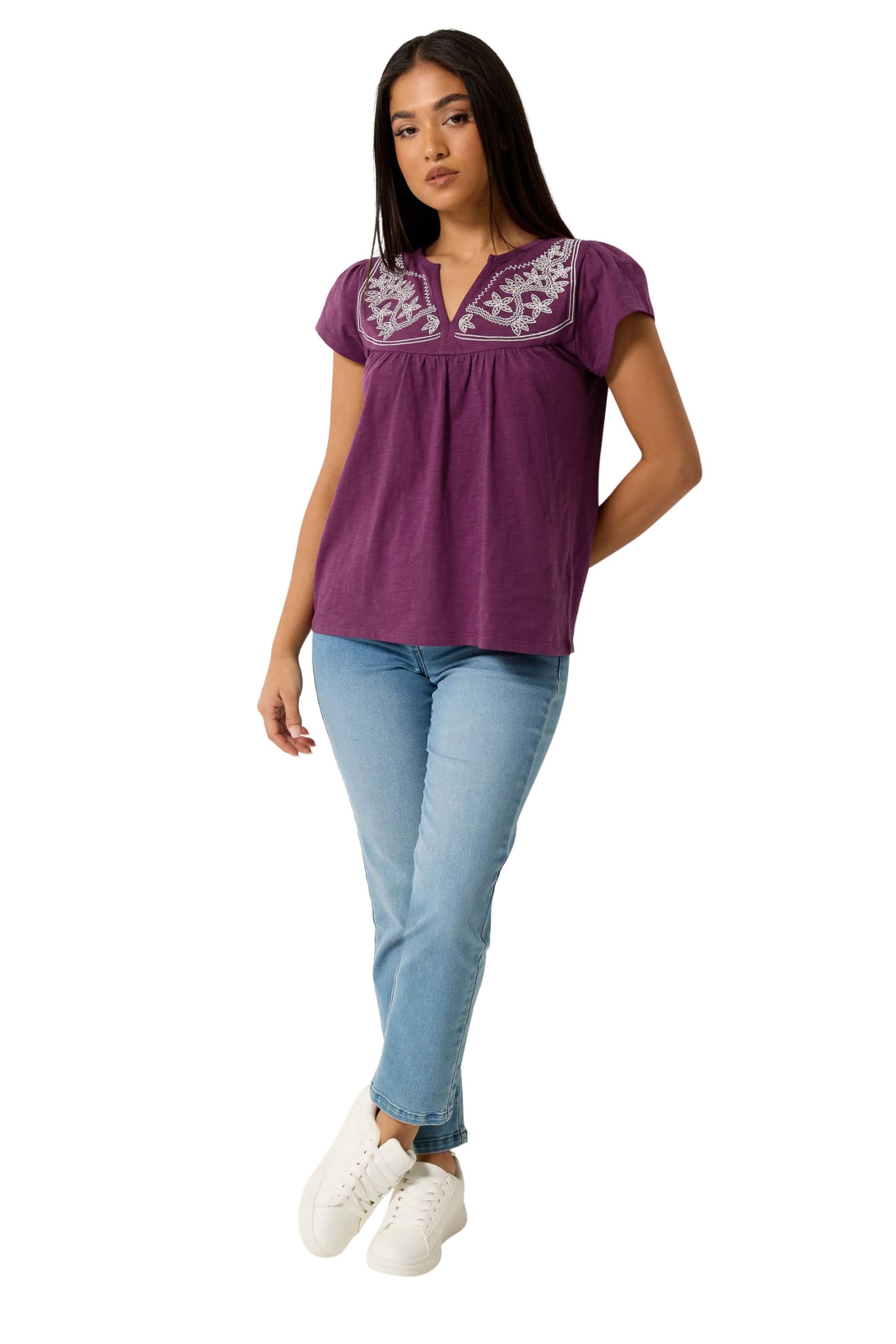M&Co Women's Purple Petite Embroidered Cotton Notch Neck Top In | : Size 12