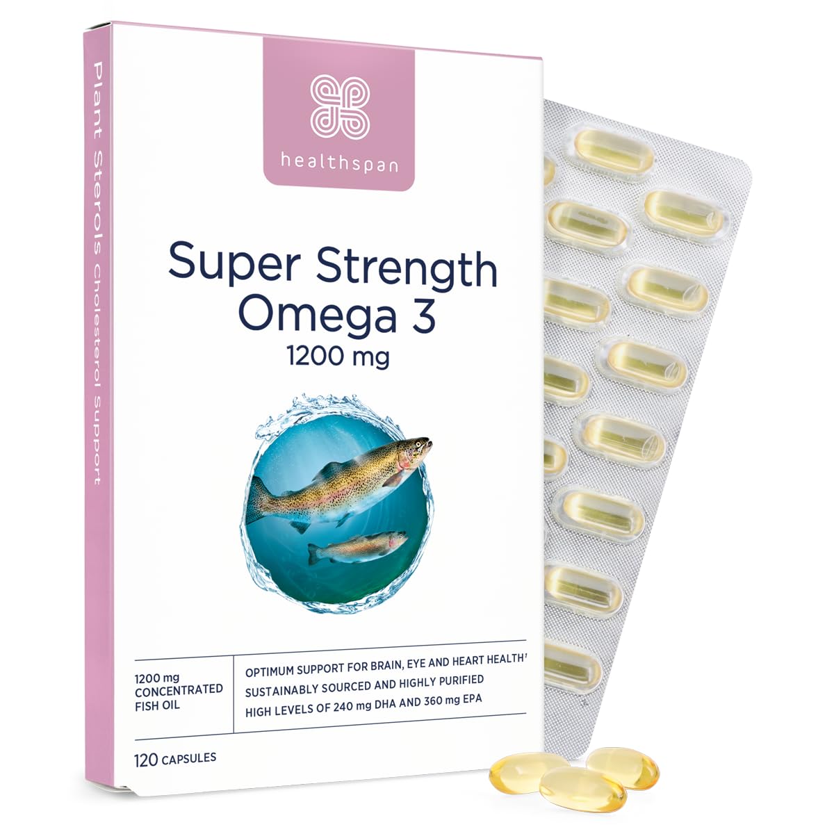 Healthspan Super Strength Omega 3 1,200mg | Brain, Heart & Eye Health | 240mg DHA & 360mg EPA per Capsule| Highly Purified to Remove Toxins | Sustainably Sourced Fish Oil (120 Capsules)