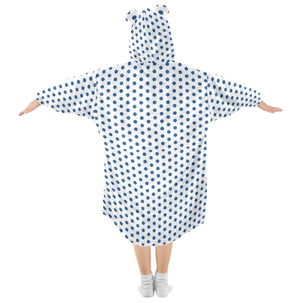 Niebieskie kropki dziecięcy koc do noszenia z kapturem oversize bluza koc sweter geometryczne kropki dla chłopców i dziewcząt w wieku 3-14 lat