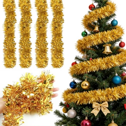 Guirnalda Navideña de Oropel, 4 Piezas Espumillón de Navidad, Metálico Oropeles Brillantes Decoración, Guirnalda Brillante Metálica Decoraciones, para Árbol de Navidad Boda Fiesta Festival, Oro
