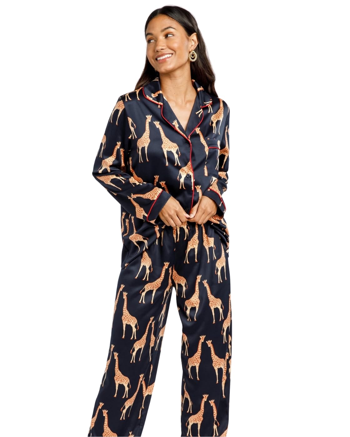 Chelsea Peers Women's Navy Giraffe Print Cw9004rgra20 Satin Long Pyjama Set
