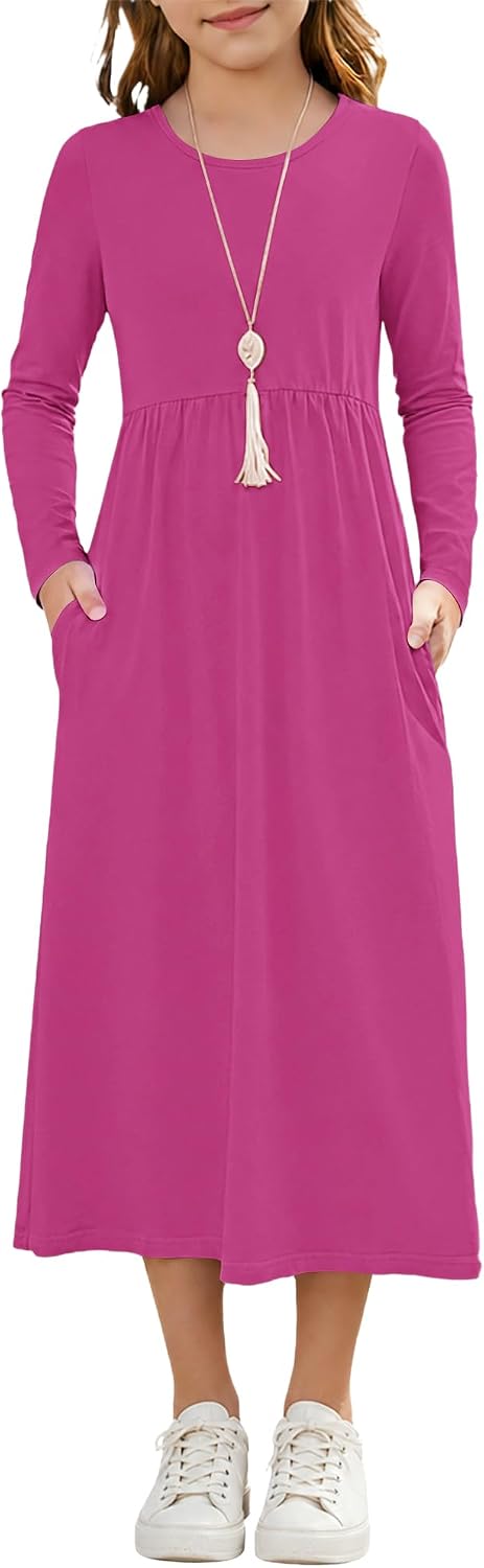 Girls Long Sleeve Crewneck Fall Empire Waist Dress with Pockets 2026
